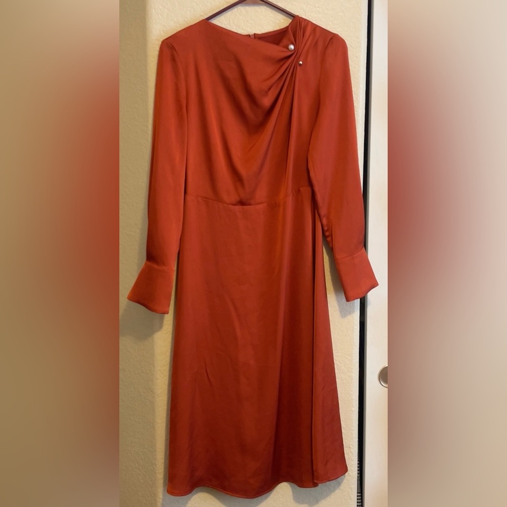 MOTF Rust Midi Dress With Faux Pearl Accent
